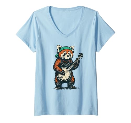 Damen Red Panda Cute Banjo Picker Music Cottagecore T-Shirt mit V-Ausschnitt von Appalachian Basecamp by Giant Step