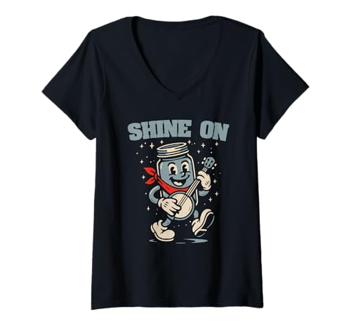 Damen Shine On Banjo Playing Moonshine Jar Cute Banjo Picker Music T-Shirt mit V-Ausschnitt von Appalachian Basecamp by Giant Step
