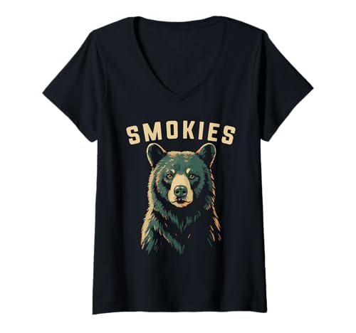 Damen Smokies Artistic Great Smoky Mountains Black Bear T-Shirt mit V-Ausschnitt von Appalachian Basecamp by Giant Step