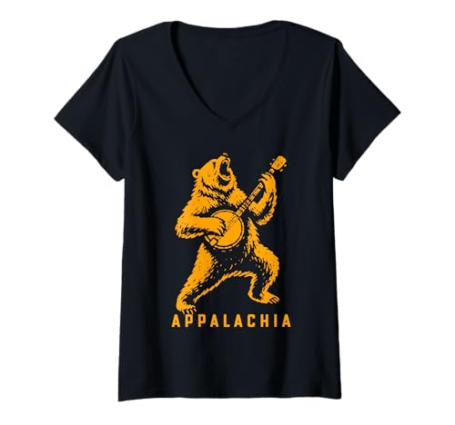 Damen Viva Appalachia Black Bear Banjo Player Retro T-Shirt mit V-Ausschnitt Damen Viva Appalachia Black Bear Banjo Player Retro T-Shirt mit V-Ausschnitt von Appalachian Basecamp by Giant Step
