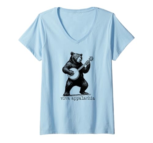 Damen Viva Appalachia Black Bear Banjo Player Retro T-Shirt mit V-Ausschnitt Damen Viva Appalachia Black Bear Banjo Player Retro T-Shirt mit V-Ausschnitt von Appalachian Basecamp by Giant Step