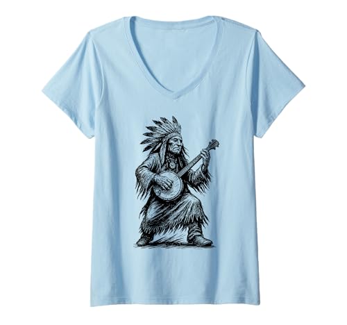 Damen Viva Appalachia Native American Banjo Player Retro T-Shirt mit V-Ausschnitt Damen Viva Appalachia Native American Banjo Player Retro T-Shirt mit V-Ausschnitt von Appalachian Basecamp by Giant Step