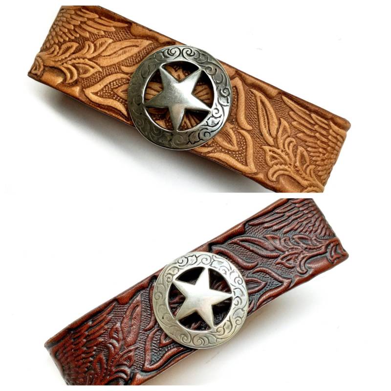 Western Leder Armreif - Adler Und Florales Design Mit Texas Stern Concho von AppaloosaLeather