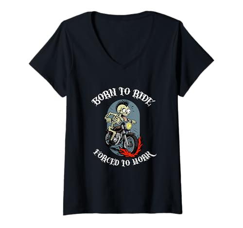 Damen Forced to Work Funny Biker Skeleton T-Shirt mit V-Ausschnitt Damen Forced to Work Funny Biker Skeleton T-Shirt mit V-Ausschnitt von Apparel for Bikers