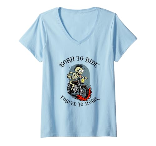 Damen Forced to Work Funny Biker Skeleton T-Shirt mit V-Ausschnitt von Apparel for Bikers
