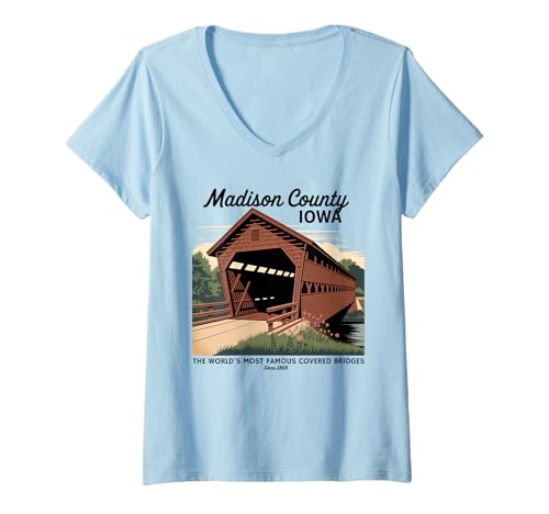 Damen Vintage Poster-Stil Covered Bridges Madison County Iowa T-Shirt mit V-Ausschnitt Damen Vintage Poster-Stil Covered Bridges Madison County Iowa T-Shirt mit V-Ausschnitt von Apparel of Madison County