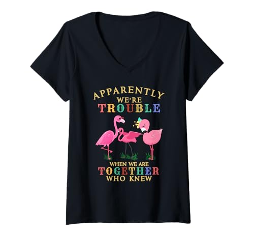 Damen Flamingo Apparently We're Trouble When We Are Together T-Shirt mit V-Ausschnitt Damen Flamingo Apparently We're Trouble When We Are Together T-Shirt mit V-Ausschnitt von Apparently We're Trouble When We Are Together