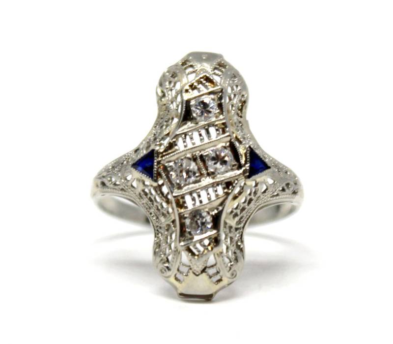 18K Weißgold Art Deco Saphir Und Diamant Antiker Ring von Appelblom