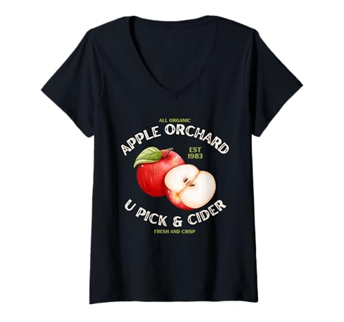 Damen Apple Orchard U Pick Cider Frisches Bio-Obst, Spaß im Herbst T-Shirt mit V-Ausschnitt von Apple Orchard Organic Fresh Picked Cider Graphic