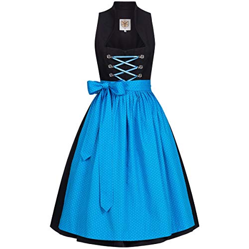 Apple of my eye Damen Trachten-Mode Midi Dirndl Ziska in Schwarz-Blau mit Stehkragen und Zwei frei kombinierbaren Satinbändern, Größe:50, Farbe:Schwarz/Blau von Apple of my eye