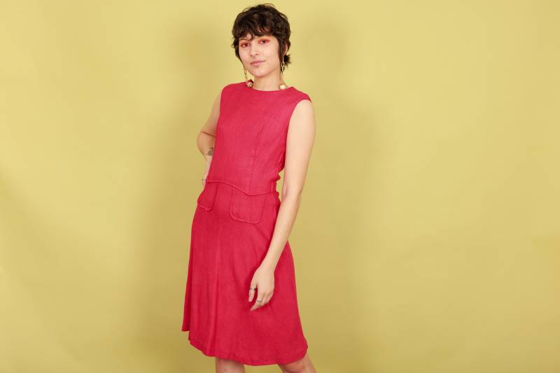 40Er Jahre Dunkel Fuchsia Rosa Enganliegendes Kleid Vintage Stricken Ausgestelltes Ärmelloses von BranchesVintage