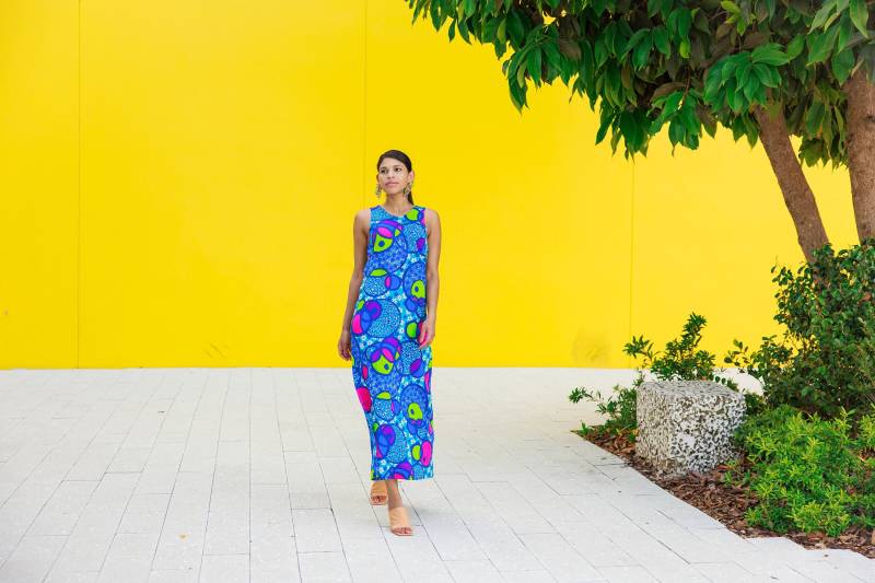 60S Hellblaues Rayon Groovy Print Langes Kleid Vintage Ärmelloses Retro Maxi von BranchesVintage
