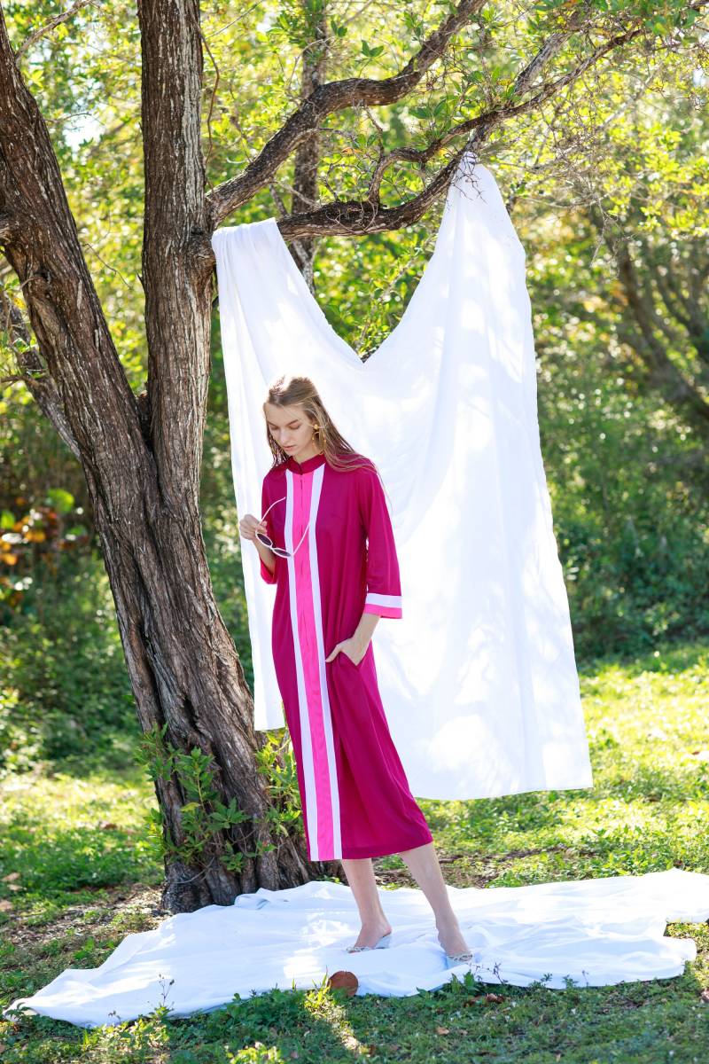 60Er Jahre Lila Rosa Gestreiftes Langes Kleid Vintage Mod Maxi Langarm von BranchesVintage