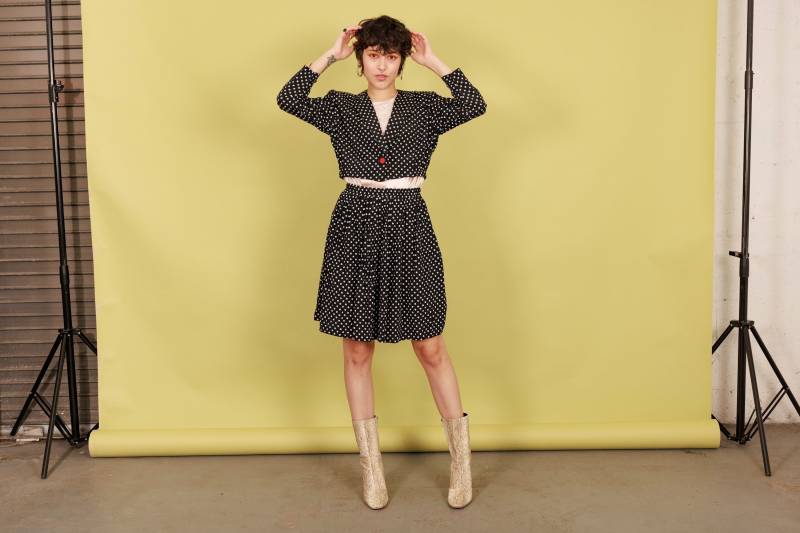 80Er Jahre Schwarz Weiß Polka Dot Matching Set Vintage Print Kurzjacke Rock von BranchesVintage