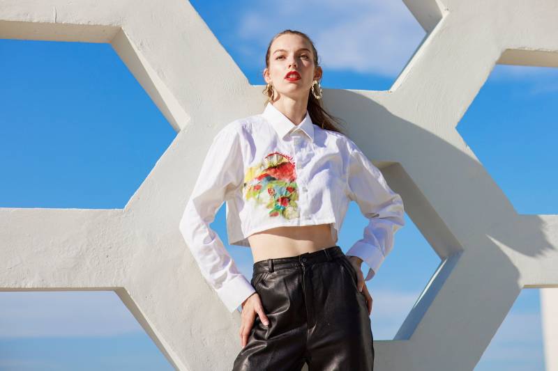 Weiße Rote Baumwolle Handbemalte Abgeschnittene Bestickte Bluse Vintage Abstrakte Malerei Handgemachtes Upcycling Crop Top von BranchesVintage