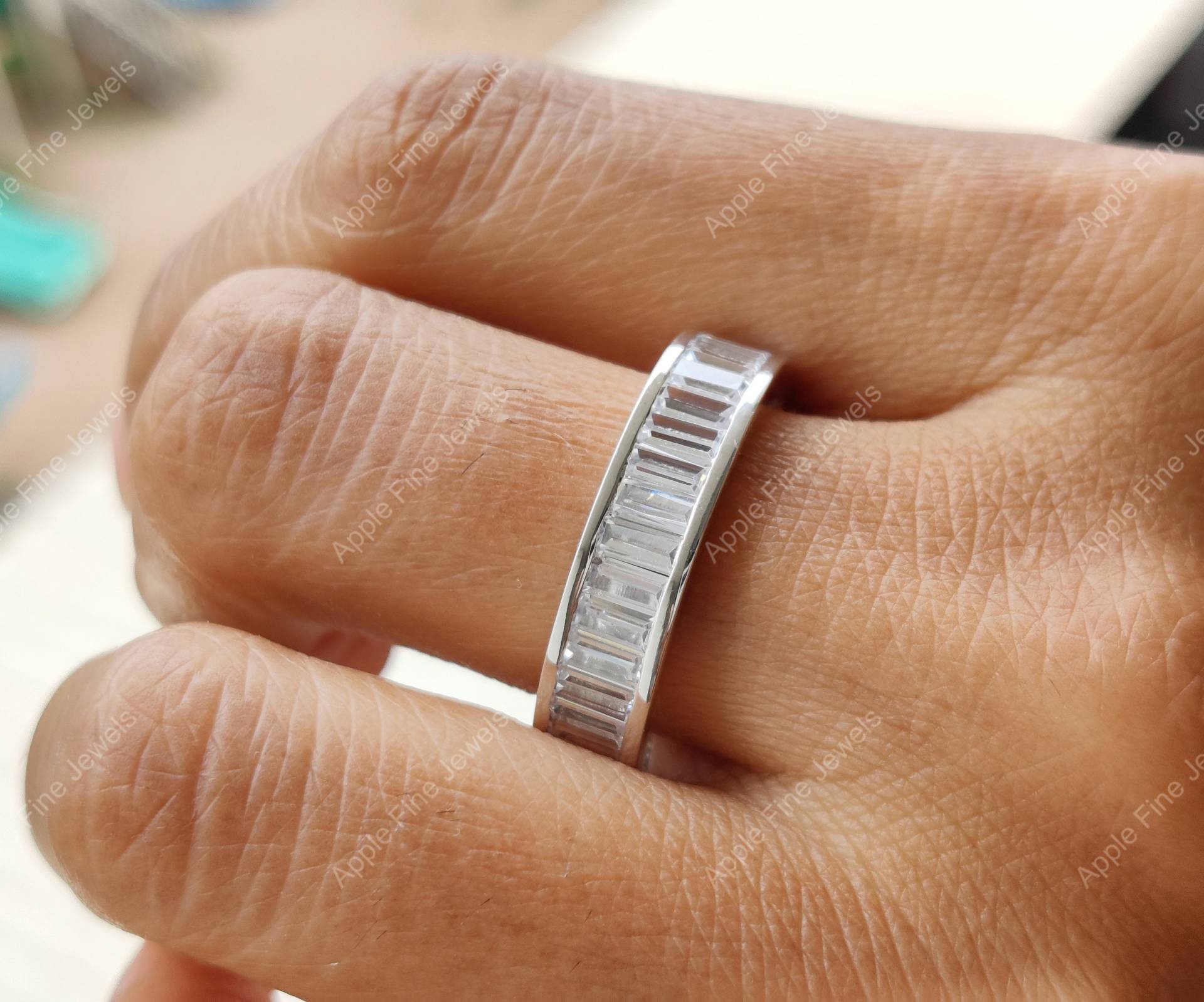 Baguette Moissanit Eheringe Damen, 925 Silber Full Eternity Band, Channel Set Jubiläumsringe, Passendes Stapelbares Band von AppleFineJewels