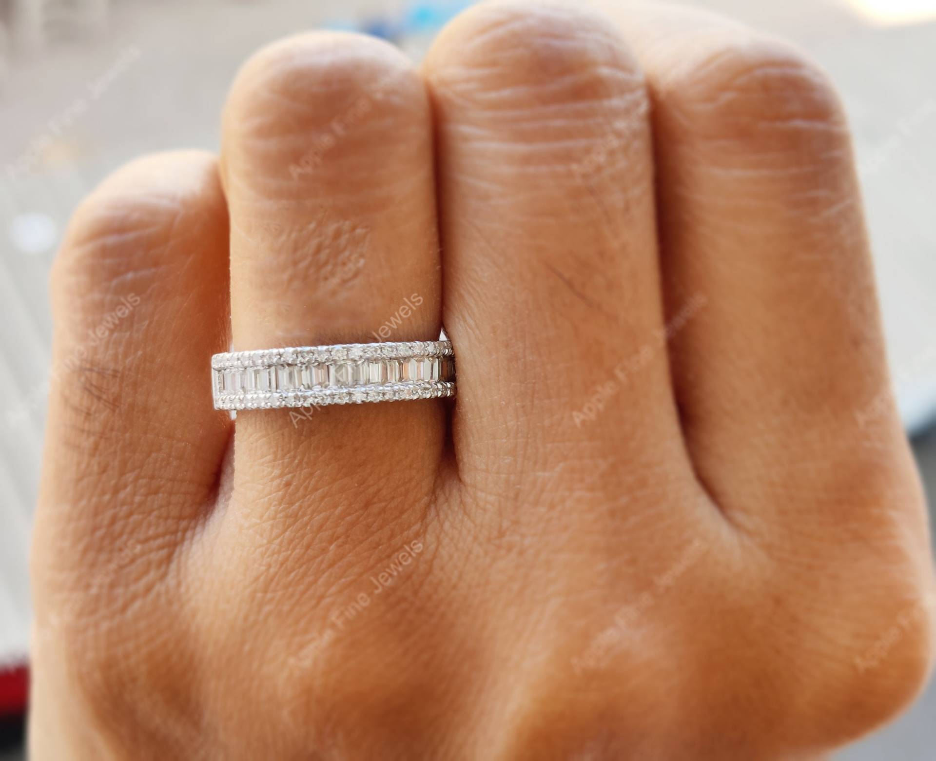 Moissanite Eternity Ehering Frauen, Baguette Diamant Ehering, Stapelbare Ringe Für Jubiläumsring, Silber Micro Pave Band von AppleFineJewels