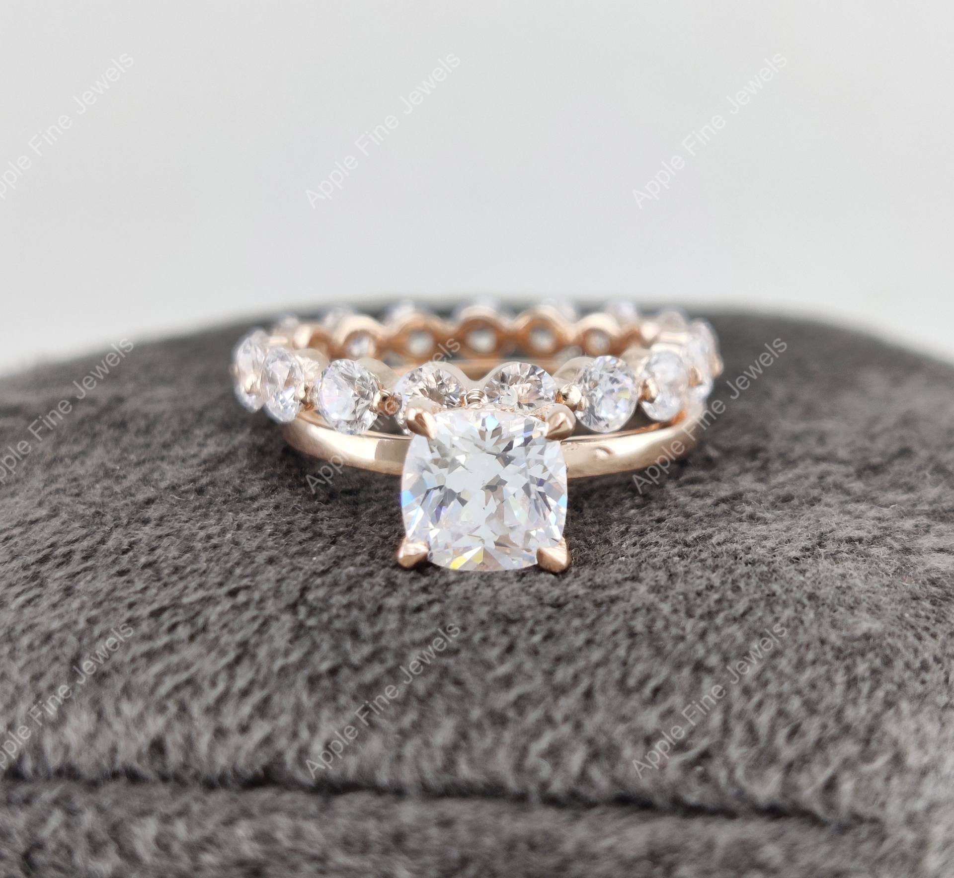 Trauring Set, Kissen Diamant Verlobung Brautring Full Eternity Matching Band, Brautjungfern Ring, Rosé Vergoldet Silber Ring von AppleFineJewels