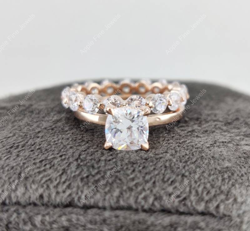 Hochzeit Ring Set, Kissenschliff Moissanite Verlobung Brautring Volle Ewigkeit Passendes Band, Brautjungfer Ring, Verlobungsring Für Frauen von AppleFineJewels