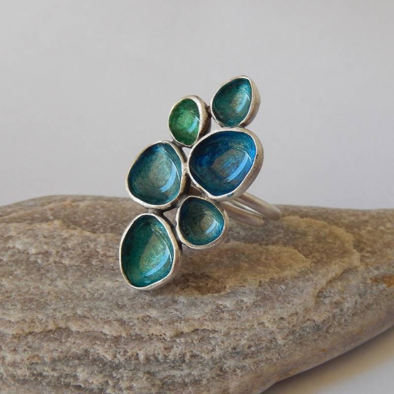 Verstellbarer Sterling Silber Emaille Ring Blauer Harz Irisierender Schmuck von AppleNamedD