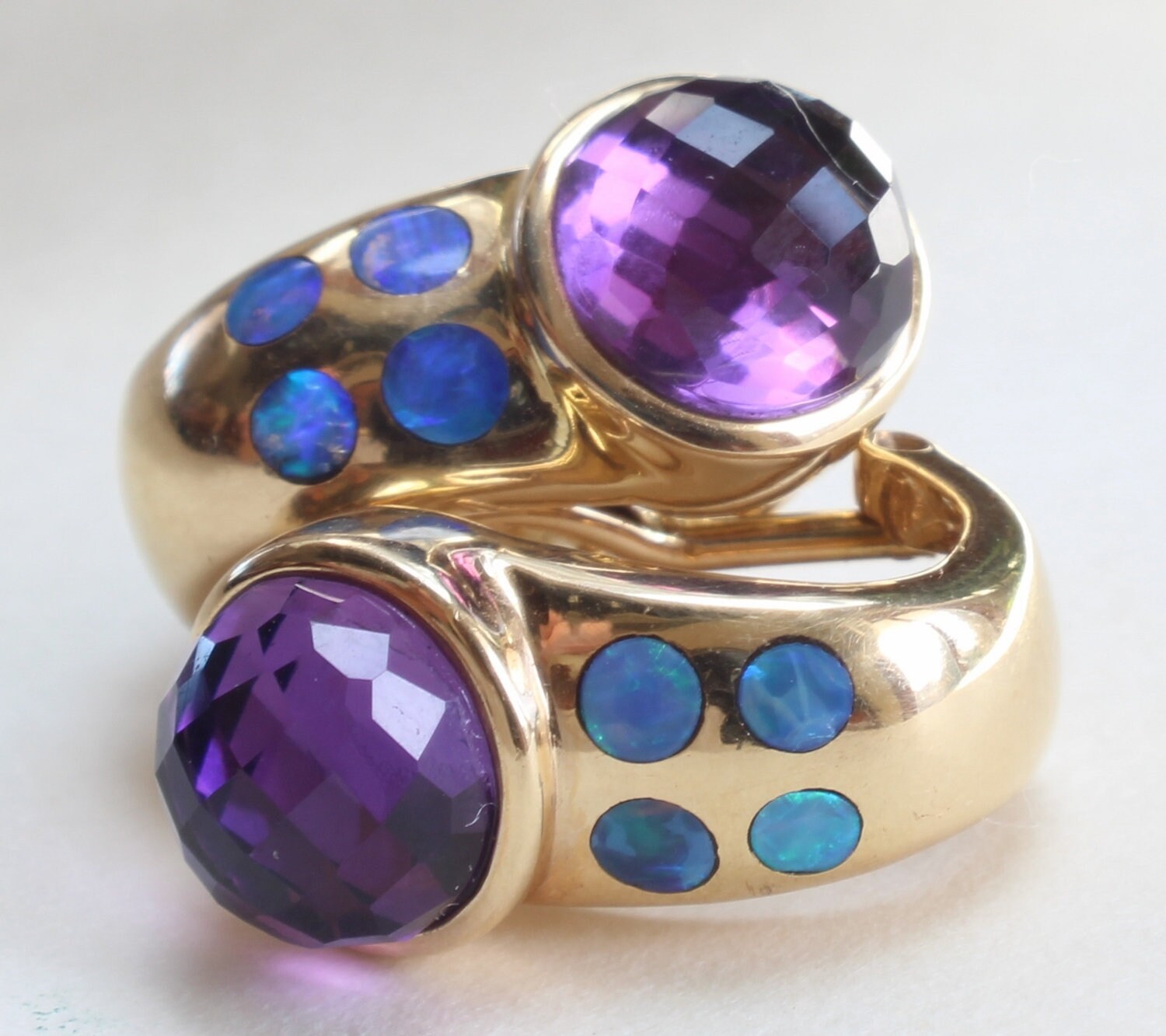 Opal Amethyst Ohrringe Inlay 14K Gold Kissenschliff Spring Back French Post Drop Opal Amethyst Ohrringe Inlay 14K Gold Kissenschliff Spring Back French Post Drop von Appleloosa