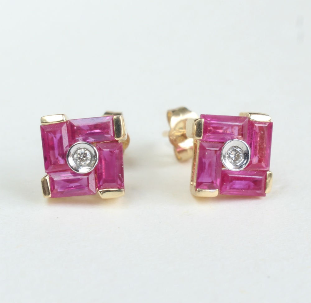 Rubin Diamant Ohrringe 14K Gold Ohrstecker Post Rubin Diamant Ohrringe 14K Gold Ohrstecker Post von Appleloosa