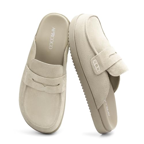 AprCoco Damen-Clogs aus Wildleder, rutschfeste Plateau-Pantoletten und Clogs für Damen, bequeme Hausschuhe mit Fußgewölbeunterstützung, Beige, 36 EU Weit von AprCoco