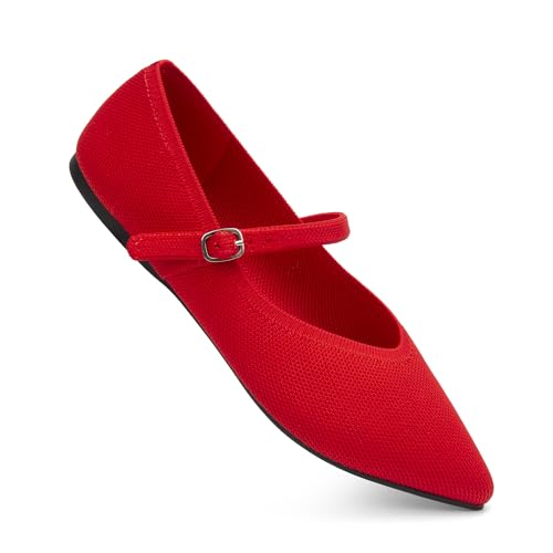 AprCoco Flache Schuhe für Damen, gestrickt, spitzer Zehenbereich, Ballett, flach, mit Knöchelriemen, waschbar, lässig, Damenschuhe, Komfort, Büro, Rot/Ausflug, einfarbig (Getaway Solids), 37.5 EU von AprCoco