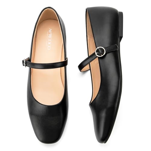 AprCoco Mary Jane Damen Klassische flache Ballerinas mit quadratischem Zehenbereich, bequeme Abendschuhe mit Knöchelriemen, Schwarz 01, 40 EU von AprCoco
