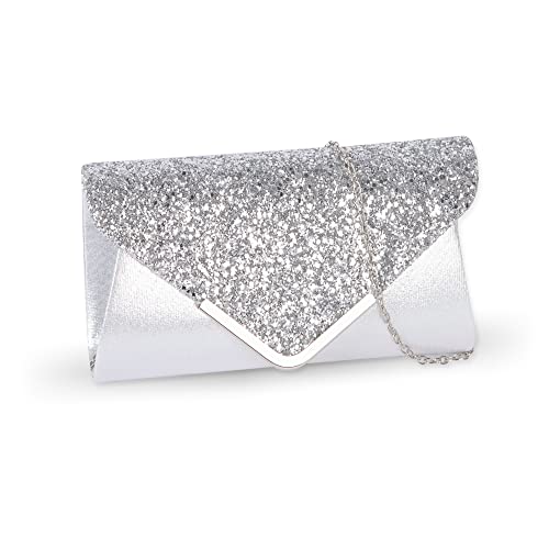 Damen Clutch Glitzer Elegant Abendtasche Glitzer Abendtasche, Pailletten Umhängetasche Elegante Envelope Tasche, Schultertasche für Hochzeit, Dinner Party Abschlussball (Silber) von Apradas