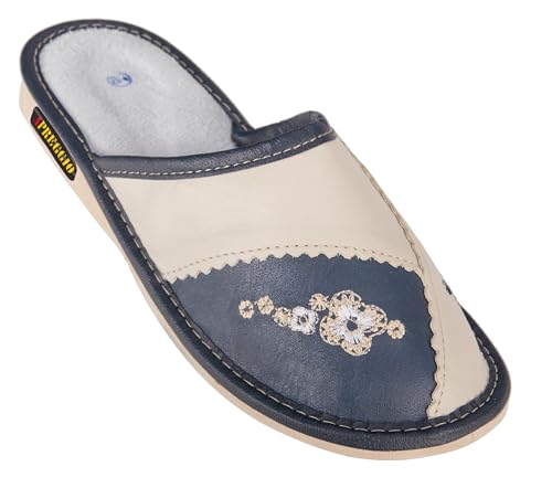 APREGGIO Damen Hausschuhe Leder - 37 Größe Blau - Handgemachte Pantoffeln für Damen - Bequeme, Warme Hausschuhe aus Echtleder - Komfort Slipper für Zuhause von APREGGIO