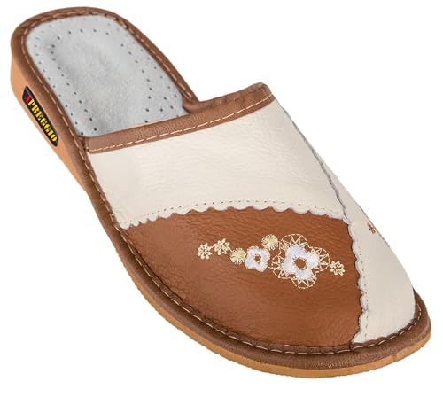 APREGGIO Damen Hausschuhe Leder - 38 Größe Braun - Handgemachte Pantoffeln für Damen - Bequeme, Warme Hausschuhe aus Echtleder - Komfort Slipper für Zuhause von APREGGIO