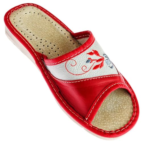 APREGGIO Hausschuhe Damen Leder 36 Größe Rot – Handgefertigt Pantoffeln Damen - Leder Hausschuhe Damen - Damen Hausschuhe Leder – Bequeme Damenhausschuhe von APREGGIO