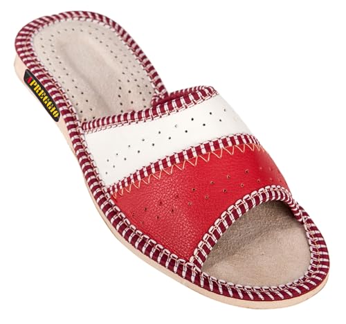 APREGGIO Damen Hausschuhe aus Leder Handgefertigt Pantoletten Offen Schlappen Frauen Latschen Weich Bequemes Tragegefühl Feste Sohle Rot - Größe 41 von APREGGIO