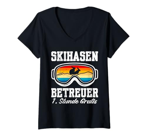 Damen Skifahren SKIHASEN BETREUER 1. Stunde GRATIS Apresski Lehrer T-Shirt mit V-Ausschnitt von Apres Ski Lehrer Shirt Skifahrer Lustig Skifahren
