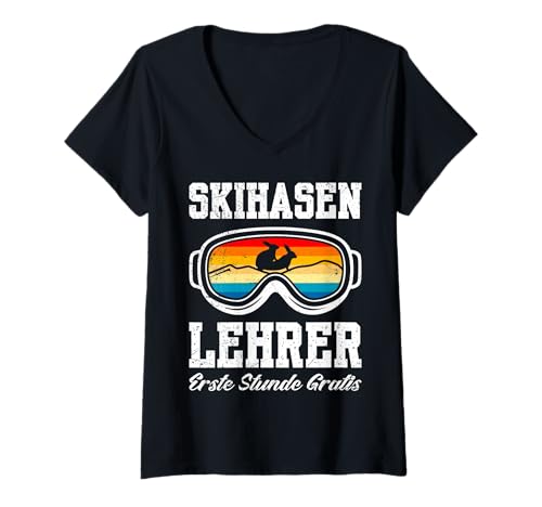 Damen Skifahren SKIHASEN Lehrer ERSTE Stunde GRATIS Skifahrer T-Shirt mit V-Ausschnitt von Apres Ski Lehrer Shirt Skifahrer Lustig Skifahren