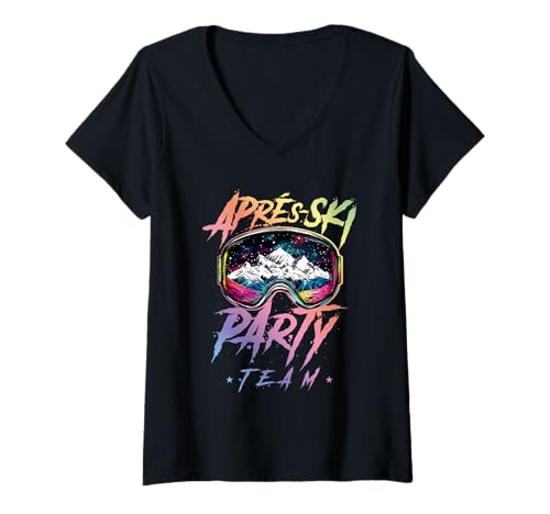 Damen Apres Ski Party Team 2025 | Bunt T-Shirt mit V-Ausschnitt von Apres Ski Tour Inc