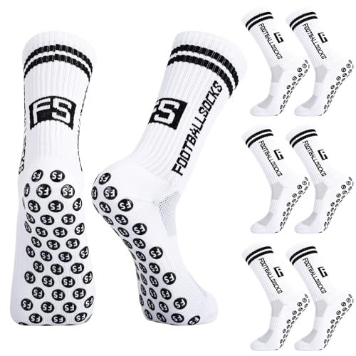 Apricitie 3 Paare Fussball Socken Kinder Fußballsocken Anti Rutsch Grip Jungen Fußball Socken Rutschfeste Sportsocken für Fussball Basketball Laufen Rugby Tennis(S, Weiß) von Apricitie