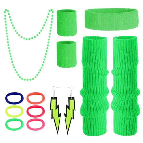 Apricitie 80er Beinlinge Set Damen, 80er Jahre Kostüm Zubehör Neon Gestrickte Beinlinge Bein Stulpen Schweißbänder Stirnband Armband Ohrringe Haarring für 80er Thema Party von Apricitie