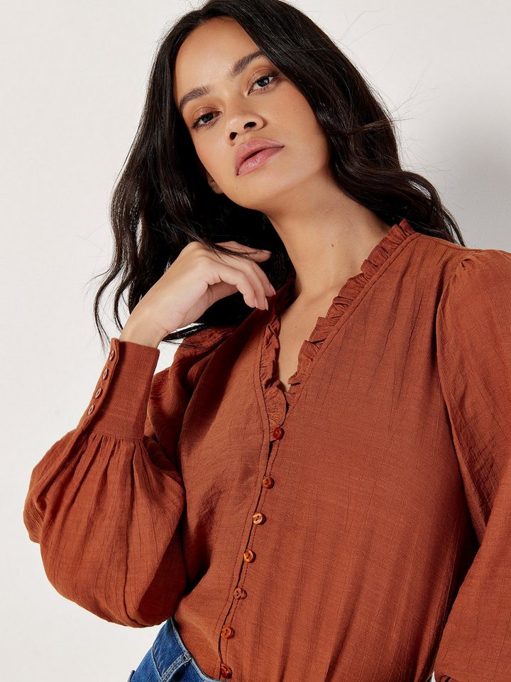Apricot Blusenshirt in Unifarben, mit Rüschen von Apricot