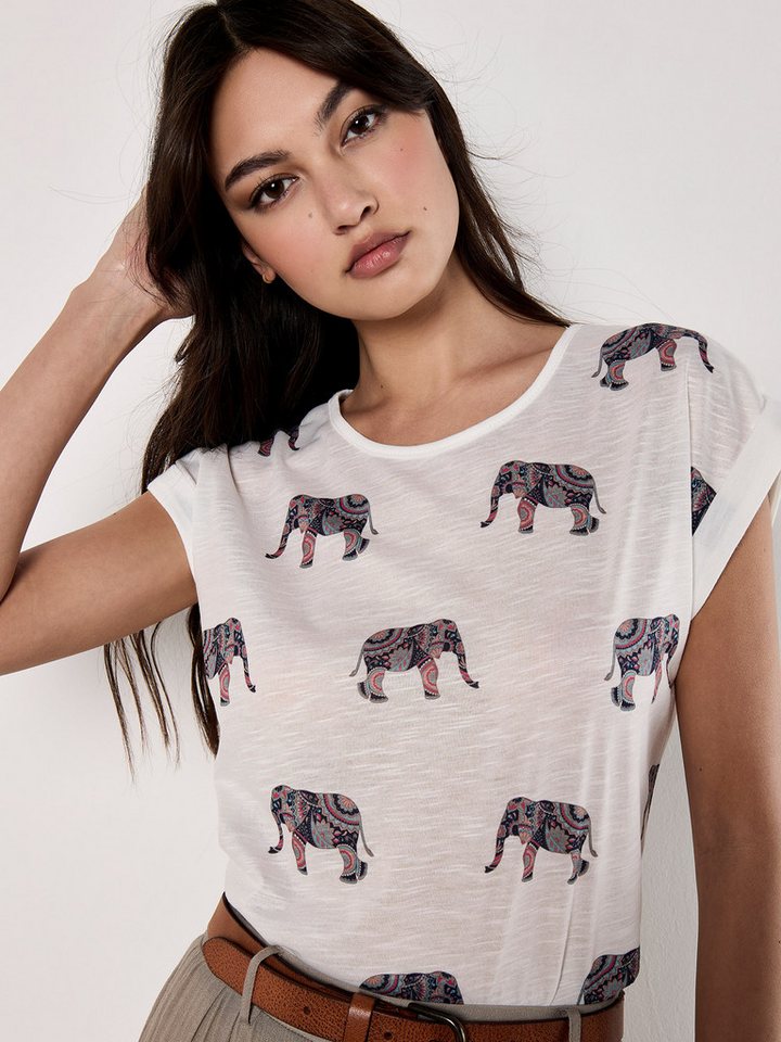 Apricot Blusentop Tribal Elephant Slub-Shirt mit überschnittenen Armen von Apricot