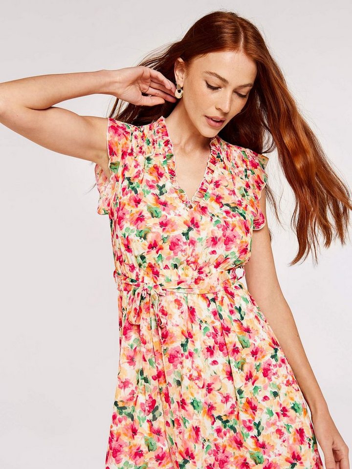 Apricot Druckkleid Brushstroke Bloom V-Neck Midi Dress mit Blumenmuster, im Stufenlook von Apricot