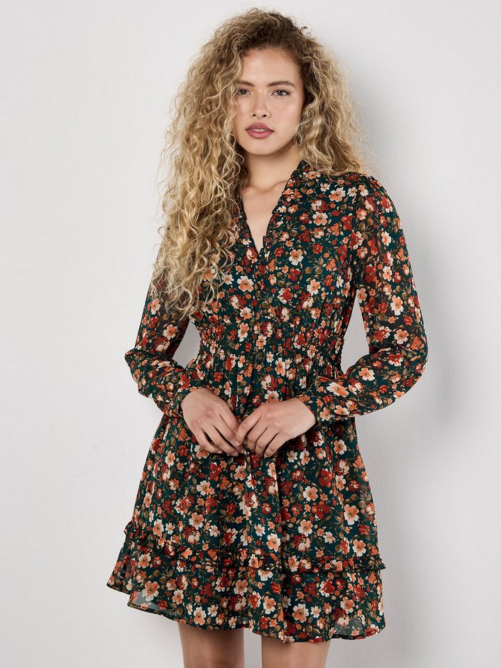 Apricot Druckkleid Geblümtes Chiffon-Minikleid (1-tlg) mit elastischer Taille von Apricot