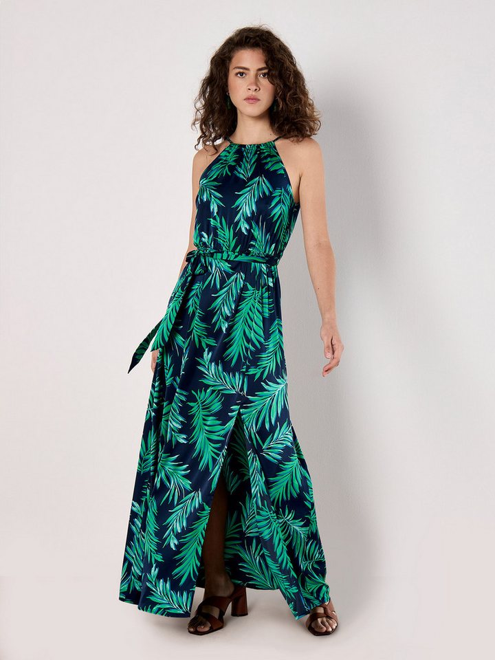 Apricot Maxikleid Blätterdruck Kleid mit Bindegürtel von Apricot