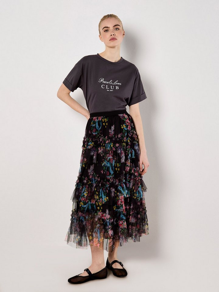 Apricot Midirock Geblümter Midirock aus Tüll mit Lagen von Apricot