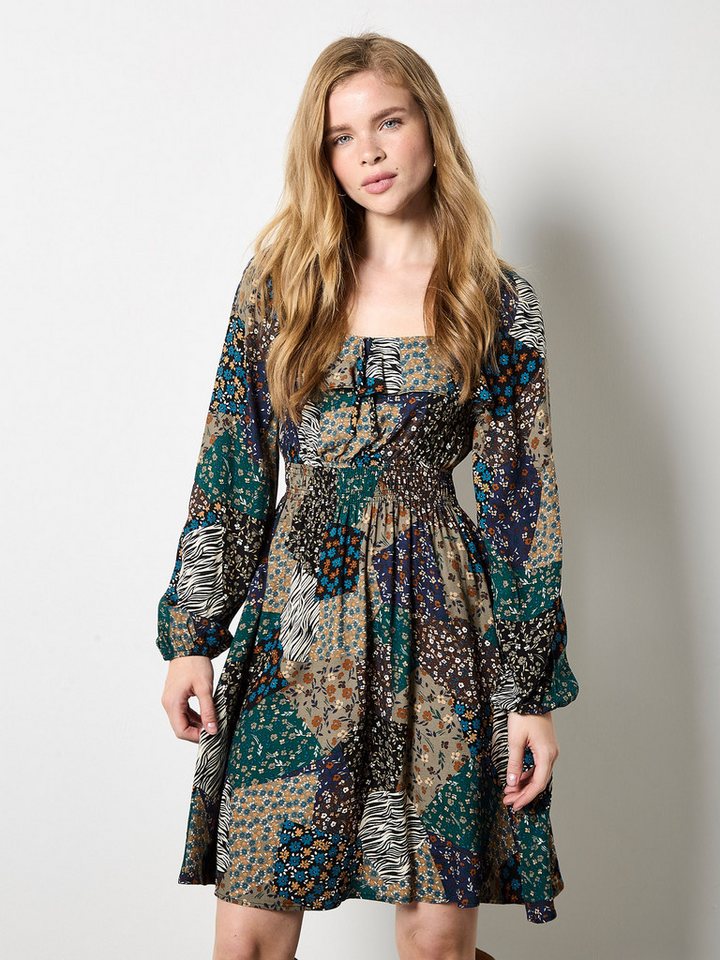 Apricot Minikleid Patchworkkleid mit Smokdetails und Ballonärmel von Apricot