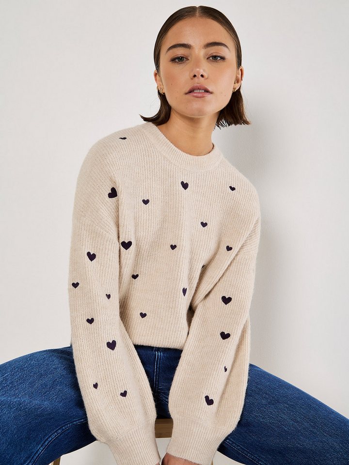 Apricot Rundhalspullover Strickpullover, mit aufgestickten Herzen von Apricot