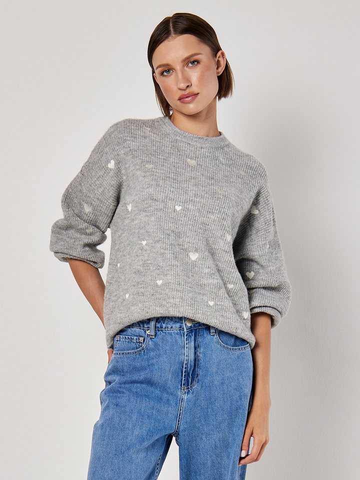 Apricot Rundhalspullover Strickpullover, mit aufgestickten Herzen von Apricot