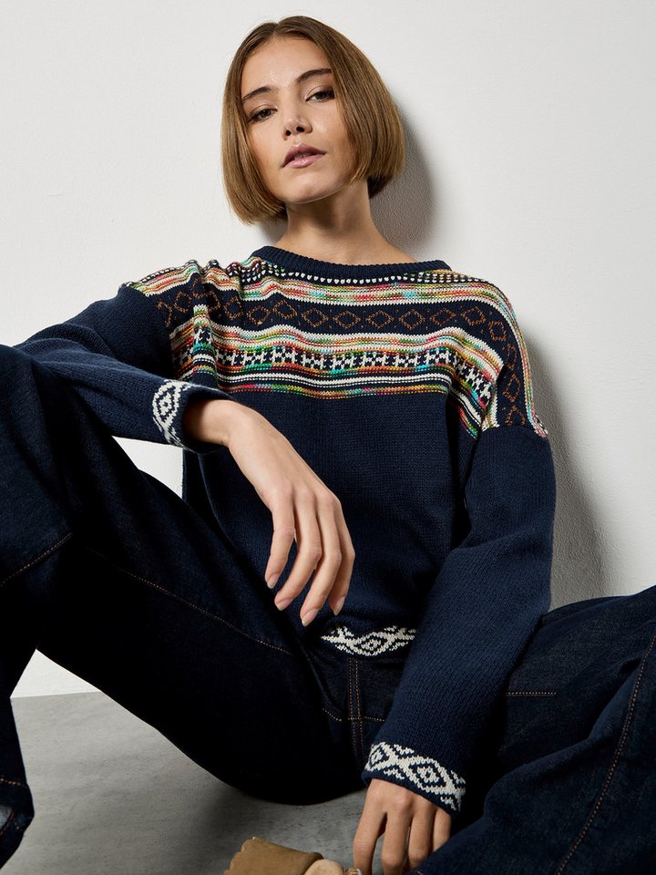 Apricot Rundhalspullover Strickpullover mit Folkloremuster von Apricot