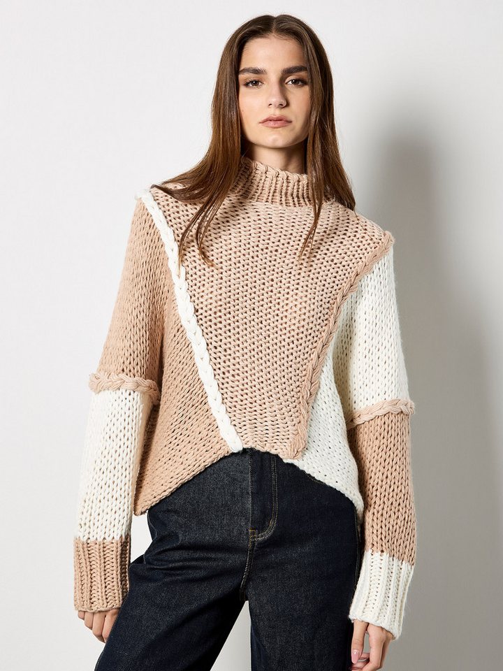Apricot Strickpullover Grobstrickpullover mit Color-Blocking und Zopfmuster von Apricot